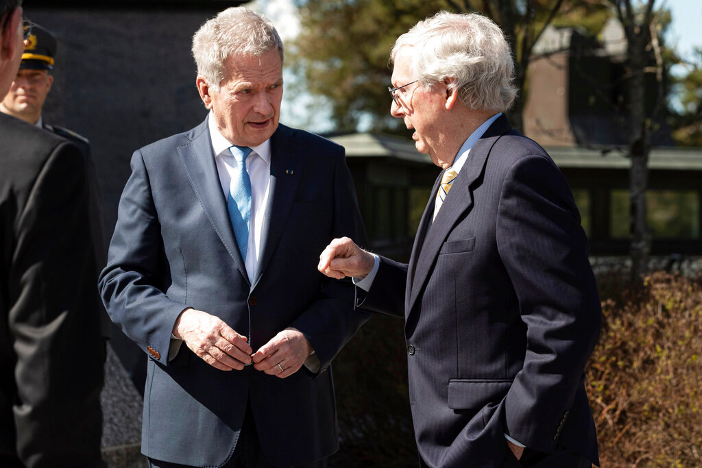 President of Finland Sauli Niinisto, left, speaks with and U.S. Senate Minority Leader Mitch McConnell after their meeting the President's official residence Mantyniemi in Helsinki, Finland, Monday, May 16, 2022. (Roni Rekomaa/Lehtikuva via AP)
