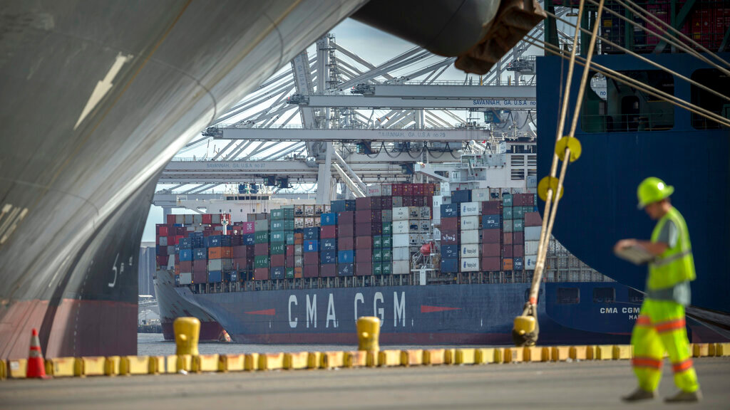 A container ship is seen at Georgia Ports Authority’s Port of Savannah Garden City Terminal, Oct. 21, 2021, in Savannah, Ga. (AP Photo/Georgia Port Authority, Stephen B. Morton, File)