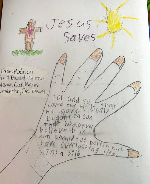 A picture drawn by Madison, 11, of First Baptist Church in Comanche, Okla.