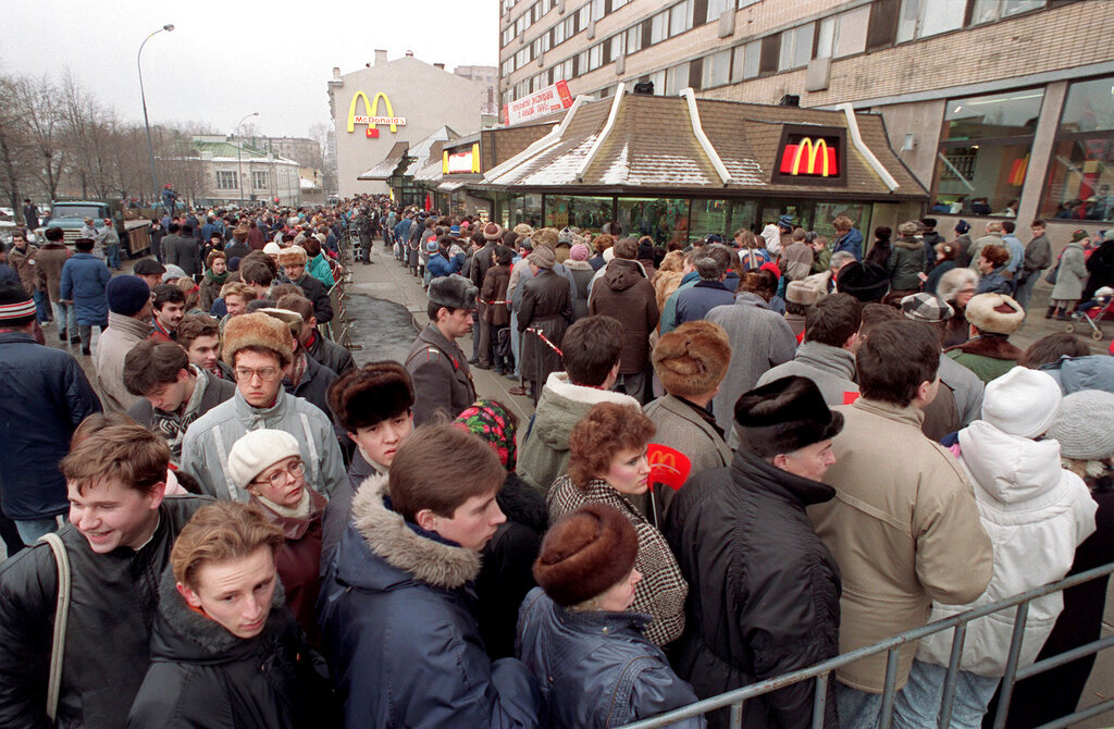 Hundreds of Muscovites line up outside the first McDonald's restaurant in the Soviet Union on its opening day, in Moscow, Jan. 31, 1990. (AP Photo, File)