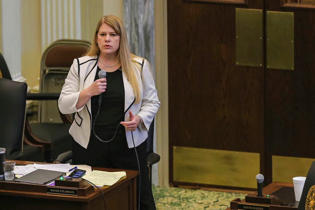 Rep. Wendi Stearman, R-Collinsville urges lawmakers to vote yes on House Bill 4327 during debate in the House of Representatives at the state Capitol Thursday, May 19, 2022. (Nathan J Fish/The Oklahoman via AP)