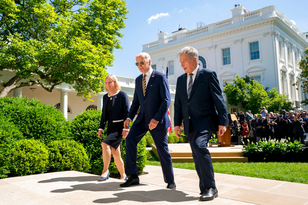 President Joe Biden departs with Swedish Prime Minister Magdalena Andersson, left, and Finnish President Sauli Niinisto, right, after speaking in the Rose Garden at the White House in Washington, Thursday, May 19, 2022. (AP Photo/Andrew Harnik)