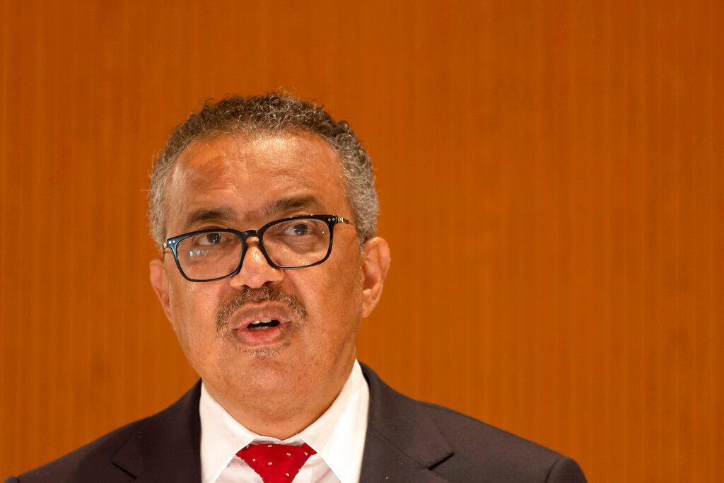 Tedros Adhanom Ghebreyesus, director general of the World Health Organization, delivers his statement, during the first day of the 75th World Health Assembly at the European headquarters of the United Nations in Geneva, Switzerland, Sunday, May 22, 2022. (Salvatore Di Nolfi/Keystone via AP)
