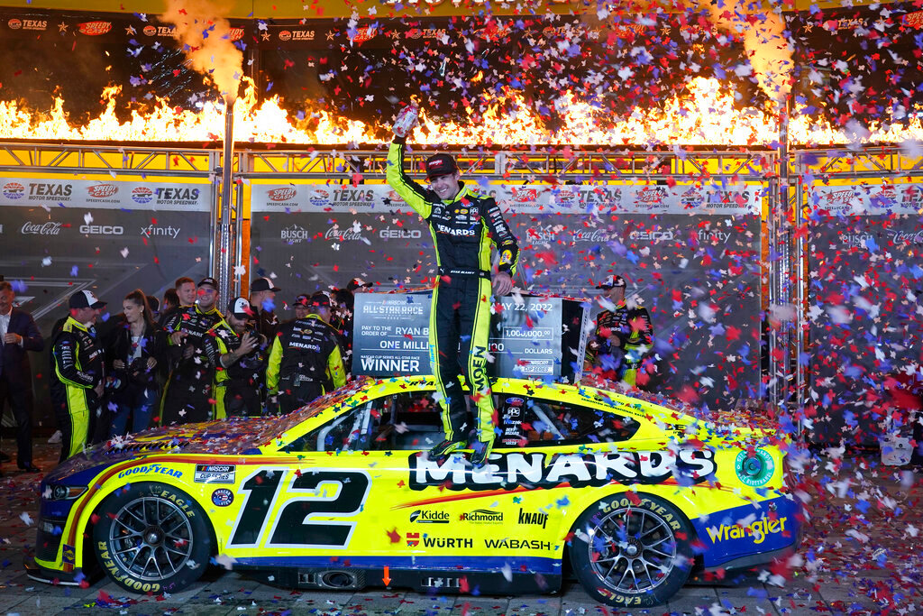Ryan Blaney celebrates after winning the NASCAR All-Star auto race at Texas Motor Speedway in Fort Worth, Texas, Sunday, May 22, 2022. (AP Photo/LM Otero)