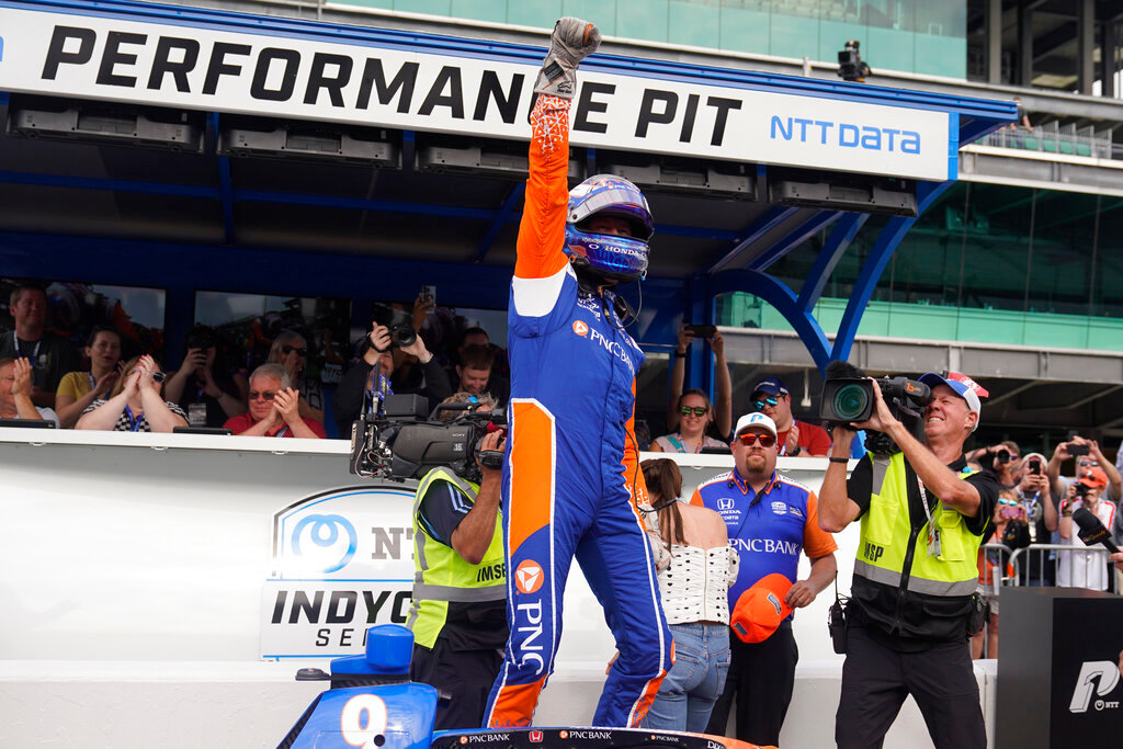 Scott Dixon, of New Zealand, celebrates after winning the pole for the Indianapolis 500 auto race at Indianapolis Motor Speedway, Sunday, May 22, 2022, in Indianapolis. (AP Photo/Darron Cummings)