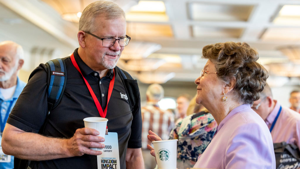 Todd Lafferty, IMB executive vice president, talks with Joyce Rogers during a break at the Celebration of Emeriti event. Lafferty is also a missionary emeritus, having served almost 29 years overseas. (IMB Photo)