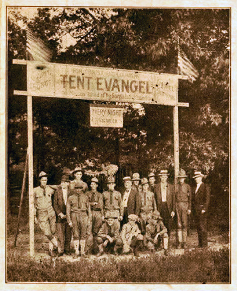 The Mission Board had a traveling tent ministry to Army training camps across Georgia in World War I (1917-1918). The banner reads, top to bottom, "For Christ and Country, Tent Evangel, Songs, Gospel Sermons, Mission Board of the Georgia Baptist Convention, Every Night This Week."  (Photo/Digital Archives Mercer University, Macon, Ga.)