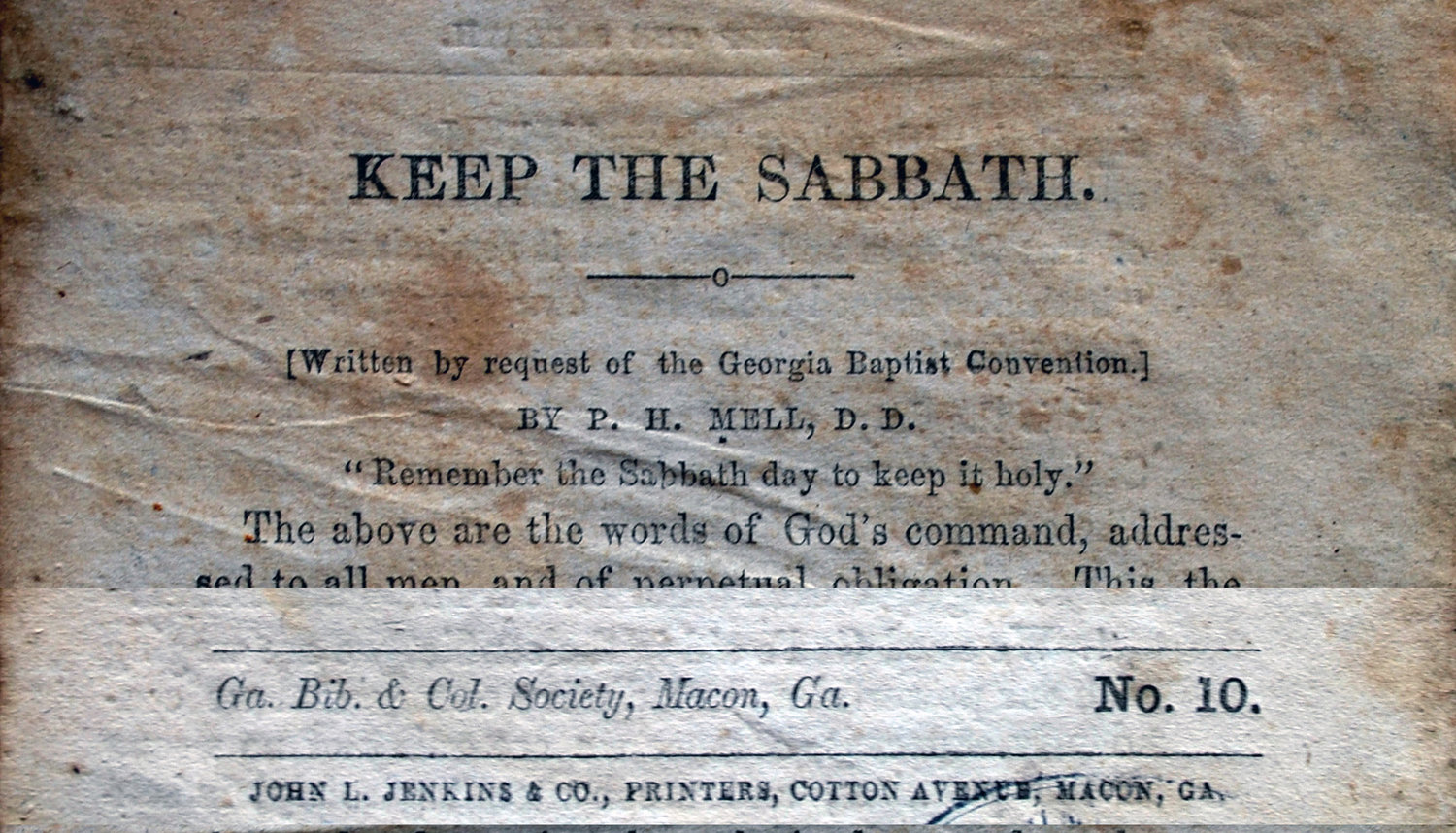 "Keep the Sabbath" was number 10 in a series of 24 tracts for soldiers published by the Georgia Baptist Bible and Colporteur Society during the Civil War. (Photo/UGA Special Collections Library)