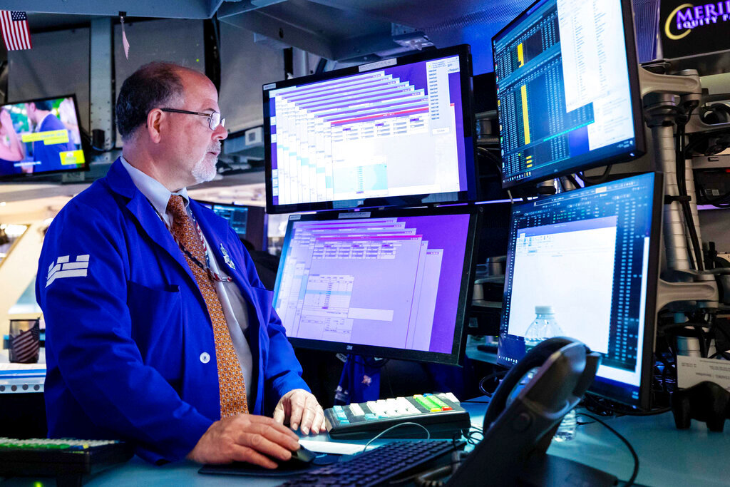 Specialist Douglas Johnson works on the trading floor of the New York Stock Exchange, Monday, May 23, 2022. (David L. Nemec/New York Stock Exchange via AP)