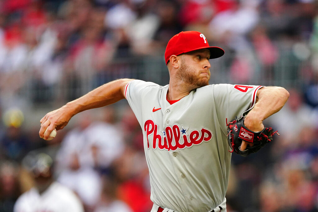 Philadelphia Phillies starting pitch Zack Wheeler delivers to an Atlanta Braves batter in the first inning Monday, May 23, 2022, in Atlanta. (AP Photo/John Bazemore)