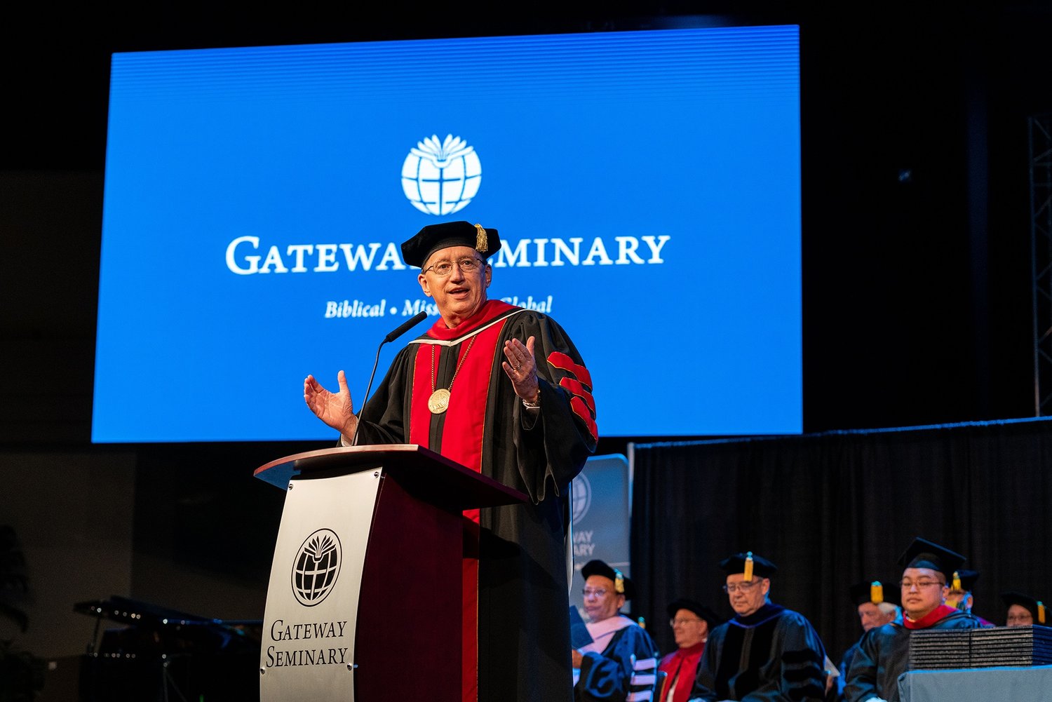 Gateway Seminary President Jeff Iorg addresses graduates during spring commencement services Friday, May 20, 2022, in Ontario, Calif.