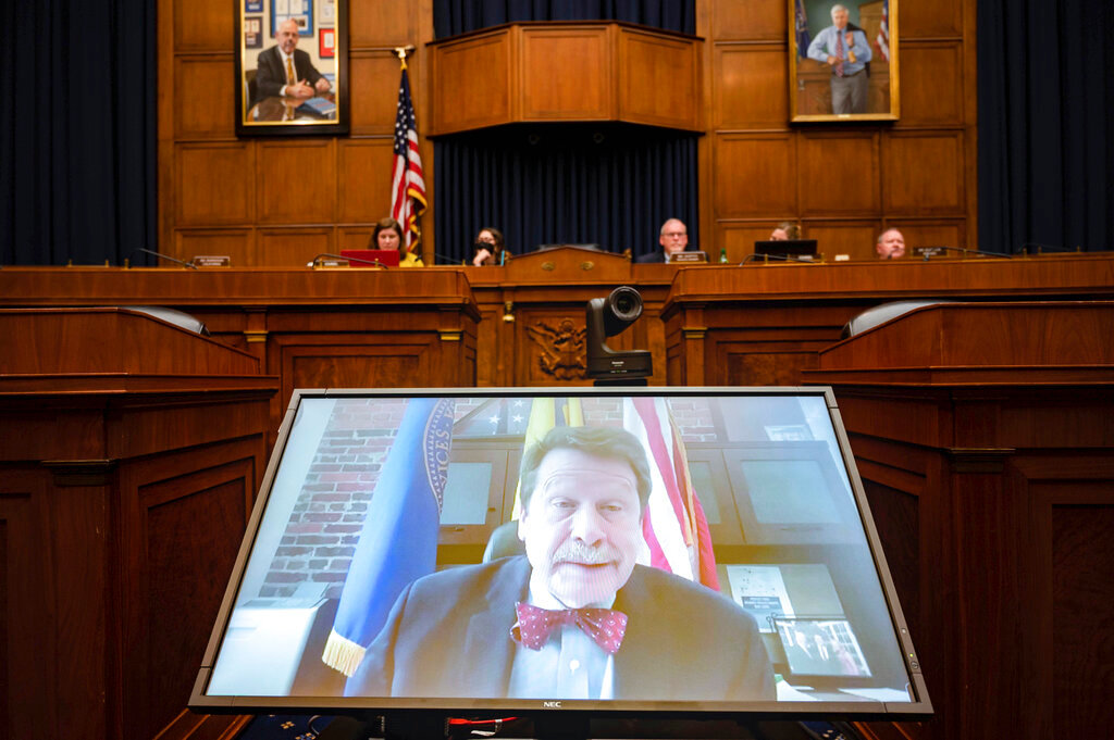 Food and Drug Administration Commissioner Robert Califf testifies via video at a House Commerce Oversight and Investigations Subcommittee hybrid hearing Wednesday, May 25, 2022 in Washington. (AP Photo/Kevin Wolf)