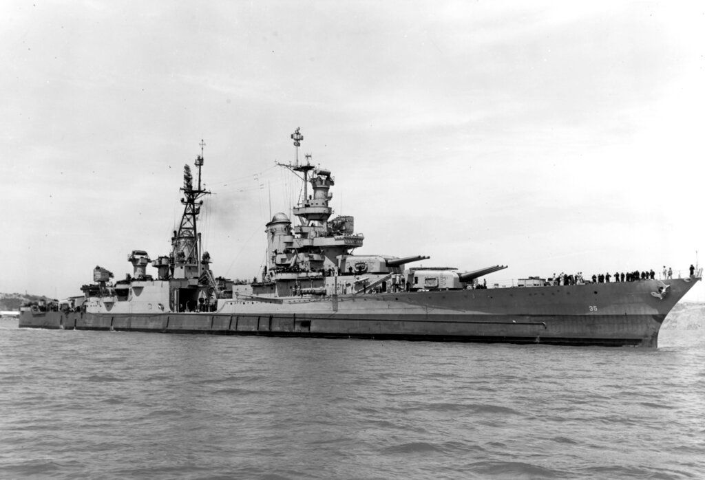 The USS Indianapolis is shown off the Mare Island Navy Yard, in Vallejo, Calif., July 10, 1945. (U.S. Navy via AP, File)
