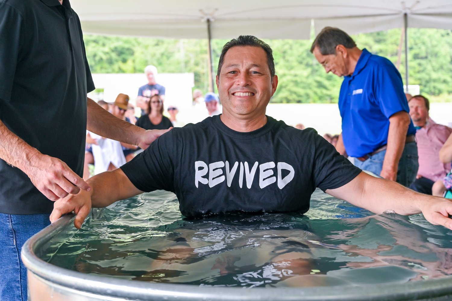 Danny Moreno smiles as he prepares for baptism at New Hope Baptist Church. With the pandemic in the past, the congregation recently saw 40 baptisms in 40 days.