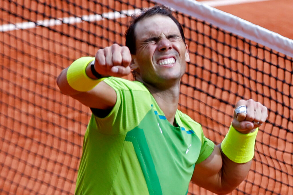 Spain's Rafael Nadal celebrates after defeating Norway's Casper Ruud in the final match of the French Open tennis tournament Sunday, June 5, 2022 in Paris. (AP Photo/Jean-Francois Badias)
