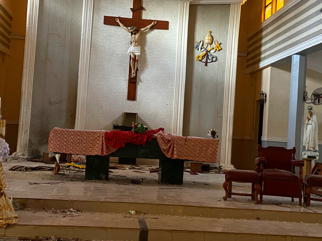 The sanctuary of St. Francis Catholic Church in Owo Nigeria, Sunday, June 5, 2022. (AP Photo/Rahaman A Yusuf)