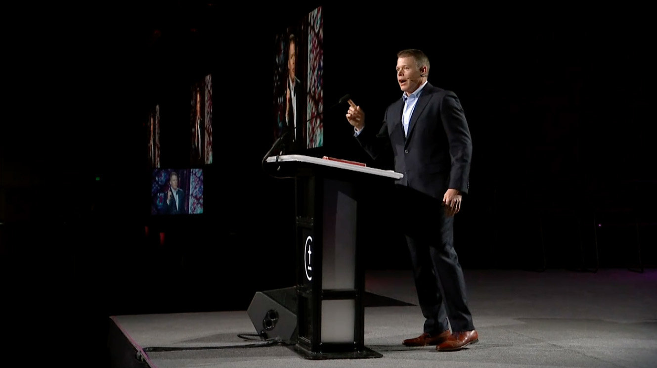 Clay Smith, pastor at Johnson Ferry Baptist Church in Marietta, Ga., speaks to Southern Baptist pastors in Anaheim, Calif., Monday, June 13, 2022. Smith addressed the Southern Baptist Convention Pastors’ Conference, a precursor to the annual meeting that gets underway on Tuesday. (ACTS2)