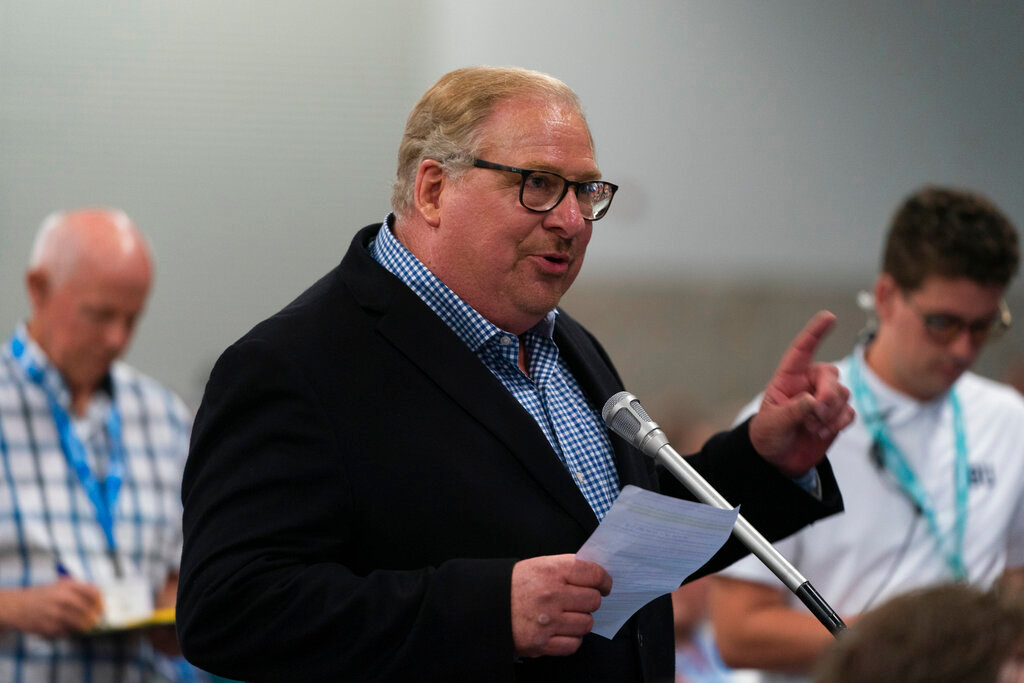 Pastor Rick Warren speaks during the Southern Baptist Convention's annual meeting in Anaheim, Calif., Tuesday, June 14, 2022. (AP Photo/Jae C. Hong)