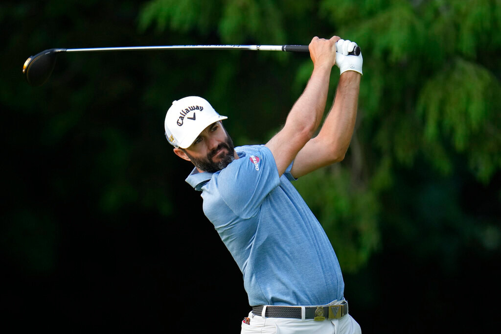 Adam Hadwin, of Canada, watches his shot on the 17th hole during the first round of the U.S. Open golf tournament at The Country Club, Thursday, June 16, 2022, in Brookline, Mass. (AP Photo/Julio Cortez)