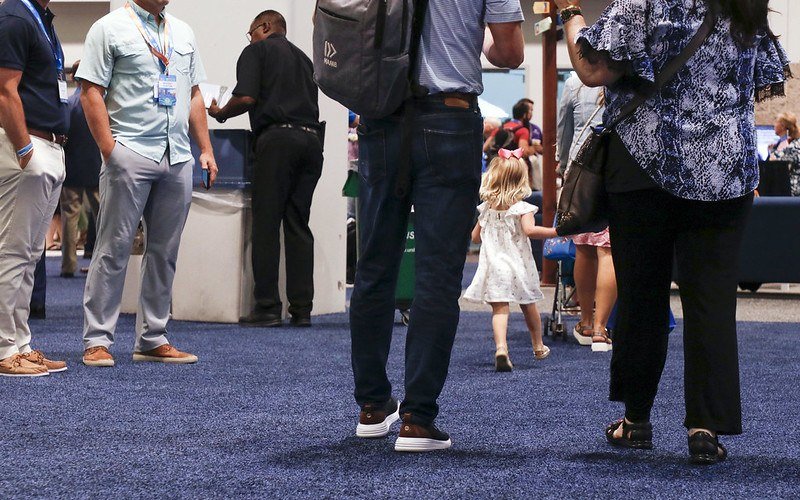 More than 8,000 messengers and their families enjoy exploring the exhibit hall at the 2022 SBC meeting in California. (Baptist Press/Camille Grochowski)