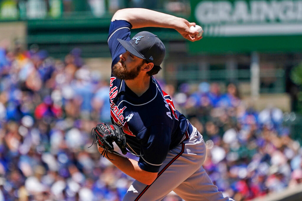 Atlanta Braves starting pitcher Ian Anderson throws against the Chicago Cubs during the first inning in Chicago, Sunday, June 19, 2022. (AP Photo/Nam Y. Huh)