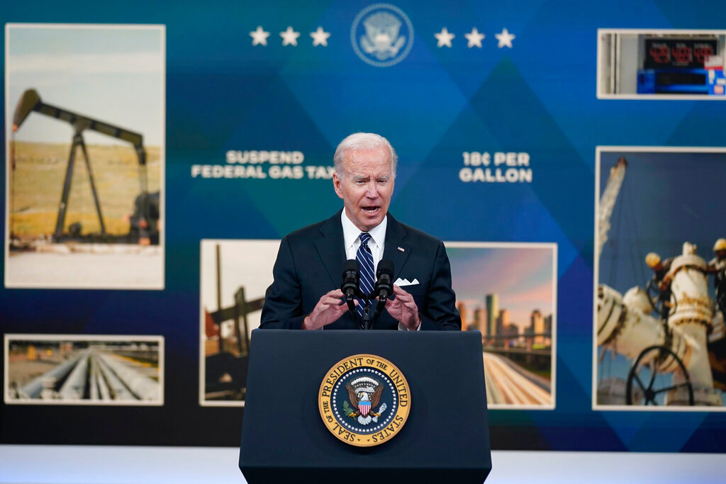 President Joe Biden speaks about gas prices in the South Court Auditorium on the White House campus Wednesday, June 22, 2022, in Washington. (AP Photo/Evan Vucci)