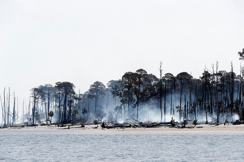 Smoke rises from the charred remains of trees at the north end of St. Catherine's Island, Wednesday, June 22, 2022. (Richard Burkhart/Savannah Morning News via AP)