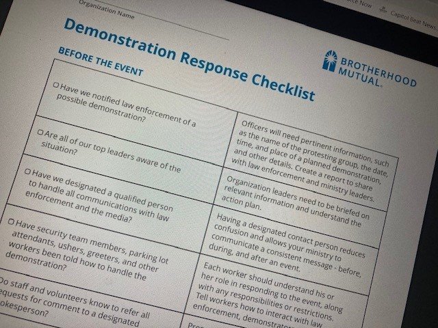 Brotherhood Mutual offers resources like this checklist for churches to prepare for potential protests.