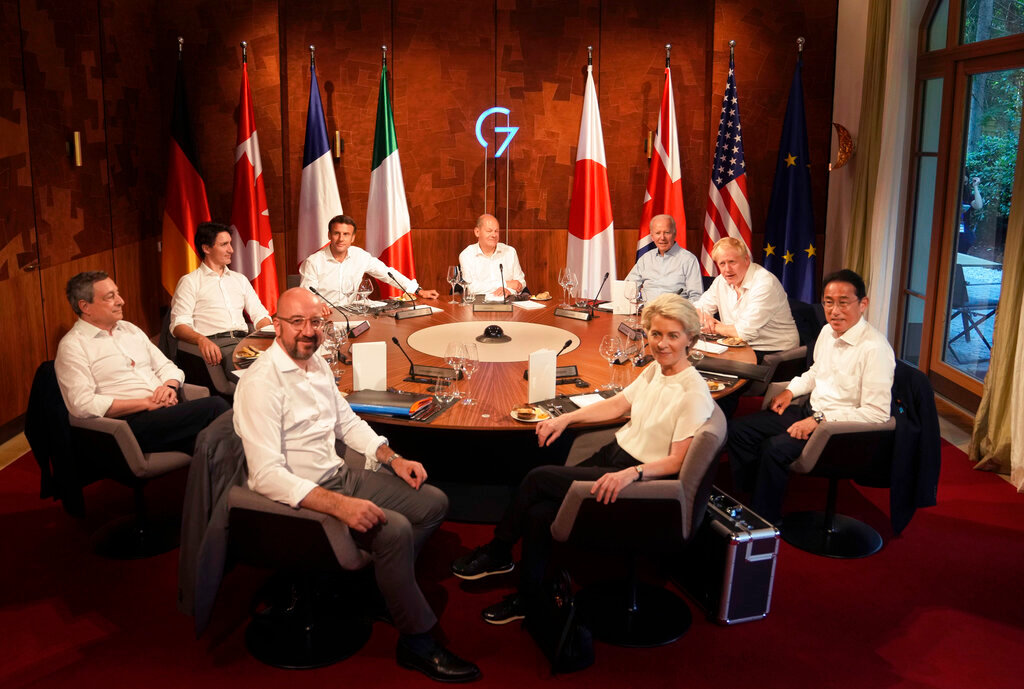 Group of Seven leaders gather for a dinner event at Castle Elmau in Kruen, near Garmisch-Partenkirchen, Germany, on Sunday, June 26, 2022. (AP Photo/Markus Schreiber, Pool)