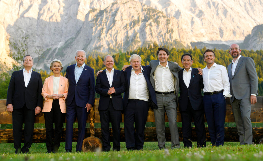 Group of Seven leaders pose during a group photo at the G7 summit at Castle Elmau in Kruen, near Garmisch-Partenkirchen, Germany, on Sunday, June 26, 2022. (AP Photo/Markus Schreiber, Pool)