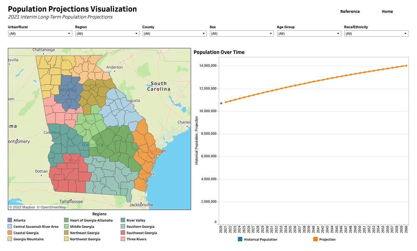 A map of the state and chart show Georgia population projections. (Georgia Data Analytics Center)