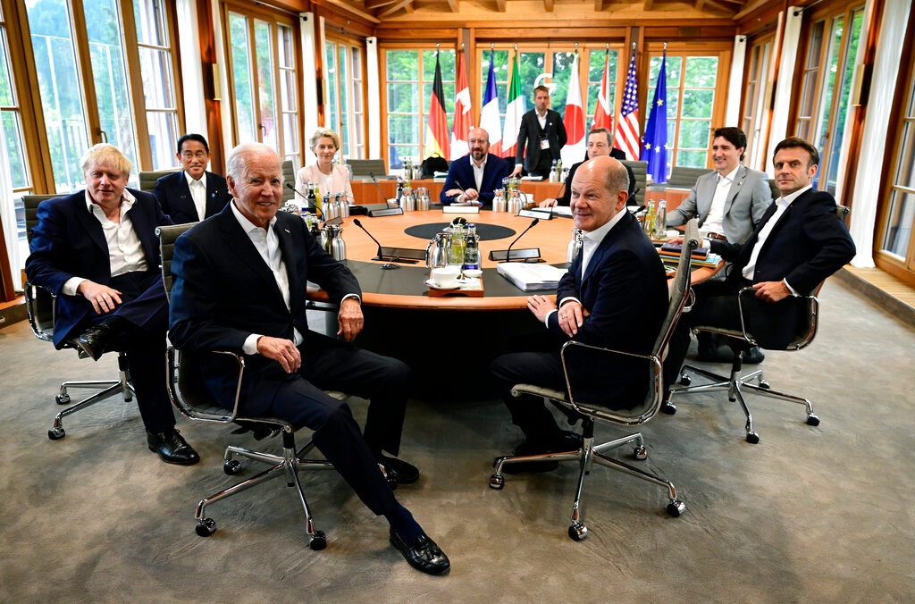 Leaders of the Group of Seven leading economic nations attend a working session during of the summit at Castle Elmau in Kruen, near Garmisch-Partenkirchen, Germany, on Tuesday, June 28, 2022. (John MacDougall/Pool Photo via AP)