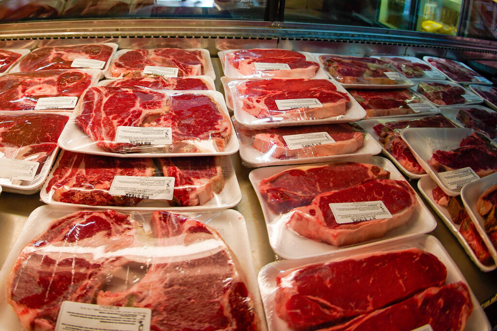 Packages of beef sit in the coolers of the retail section at the Wight's Meat Packing facility in Fombell, Pa., Thursday, June 16, 2022. (AP Photo/Keith Srakocic)