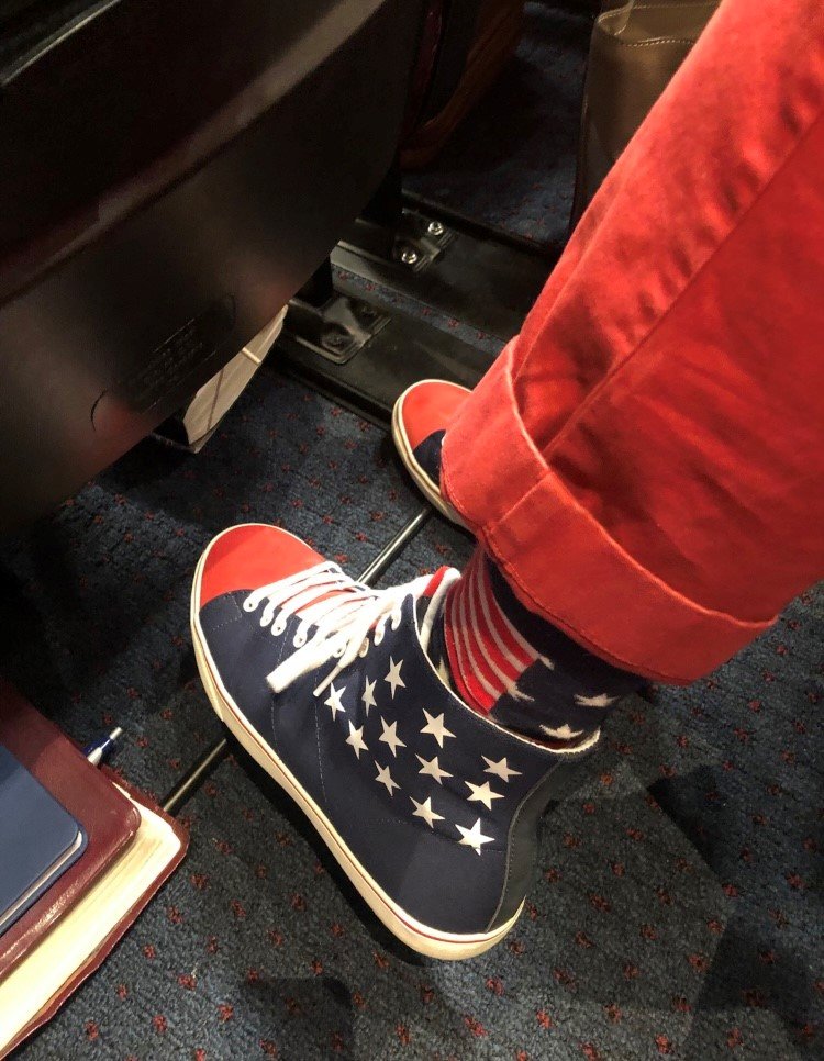 People dressed in red, white and blue at First Baptist on Sunday, including this worshipper who had Independence Day themed sneakers.