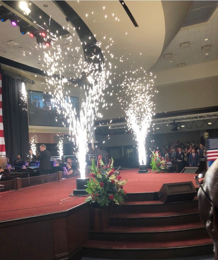 The First Baptist orchestra concluded the Sunday morning service with "Stars and Stripes Forever" and fireworks.