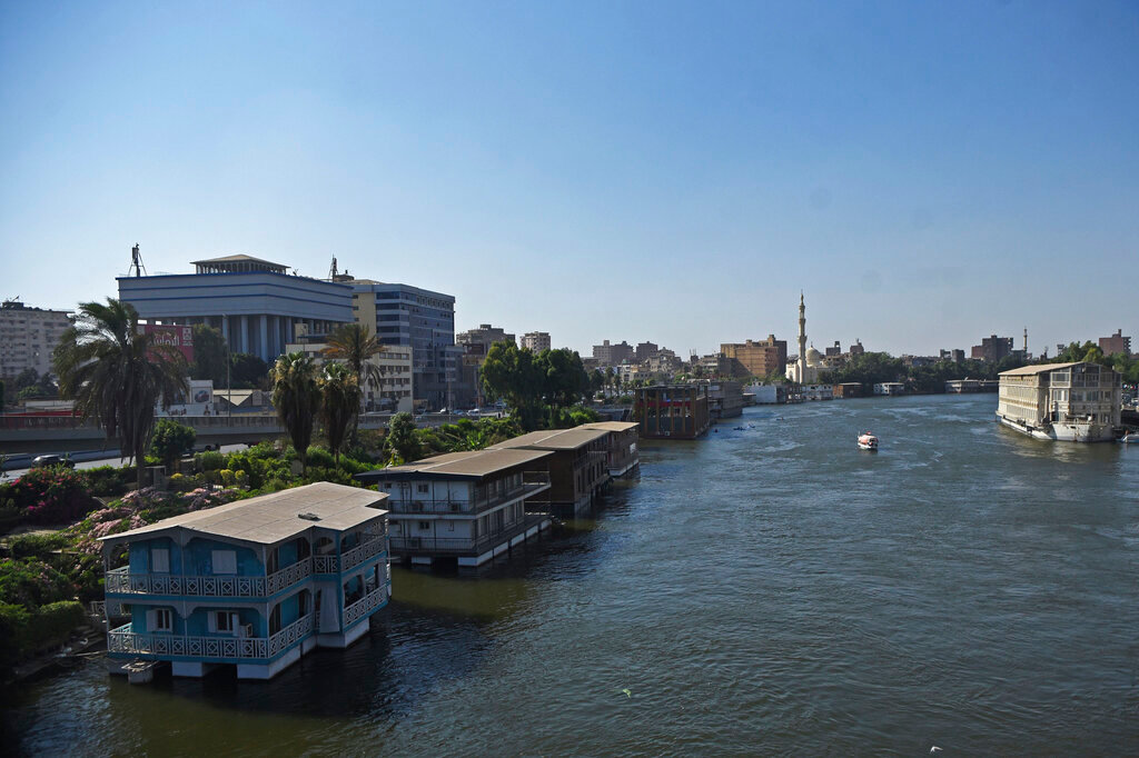 The houseboat belonging to Ikhlas Helmy and others float moored on the River Nile on June 27, 2022. (AP Photo/Tarek Wagih)