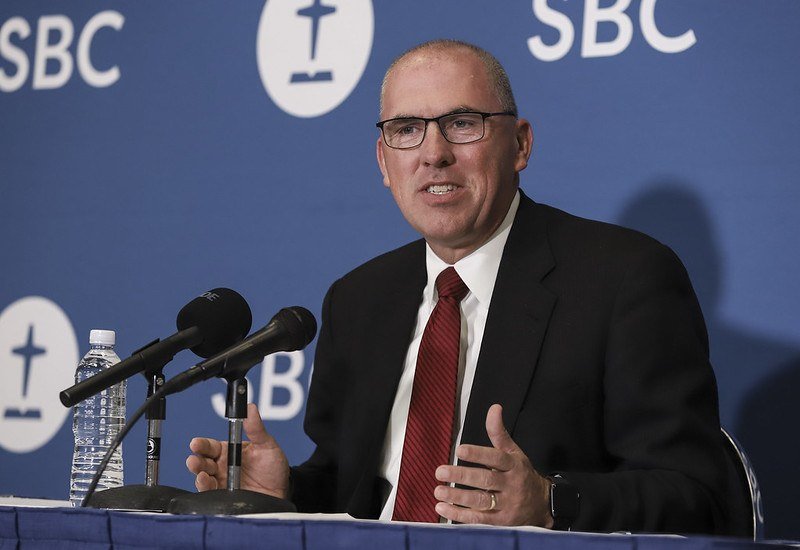 SBC President Bart Barber speaks at a press conference during the SBC 2022 Annual Meeting in Anaheim, Calif. (Baptist Press/Sonya Singh)