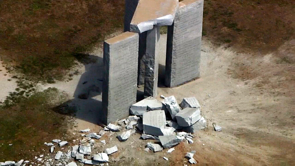 This aerial image shows damage to the Georgia Guidestones monument near Elberton, Ga., on Wednesday, July 6, 2022. (WSB-TV via AP)
