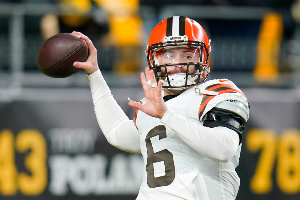 Cleveland Browns quarterback Baker Mayfield (6) warms up before an NFL football game against the Pittsburgh Steelers, on Jan. 3, 2022, in Pittsburgh. (AP Photo/Gene J. Puskar, File)