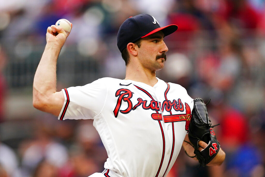 Atlanta Braves starting pitcher Spencer Strider works against the St. Louis Cardinals during the first inning Thursday, July 7, 2022, in Atlanta. (AP Photo/John Bazemore)