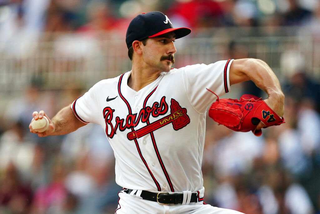 Atlanta Braves starting pitcher Spencer Strider delivers in the first inning against the Philadelphia Phillies, Tuesday, Aug. 2, 2022, in Atlanta. (AP Photo/John Bazemore)
