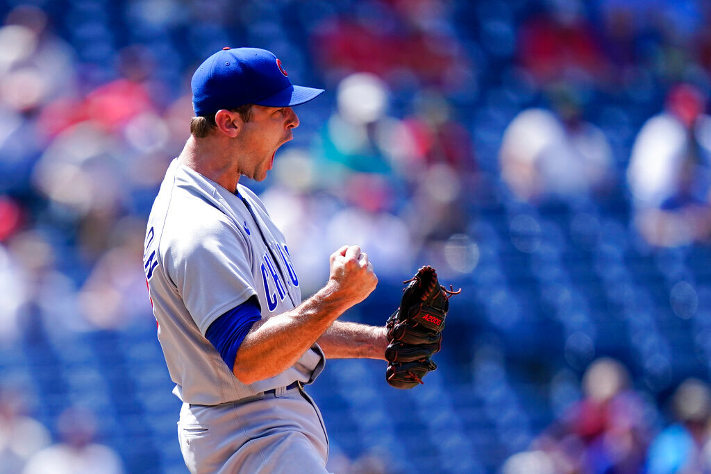 Chicago Cubs pitcher David Robertson reacts after a game against the Philadelphia Phillies, Sunday, July 24, 2022, in Philadelphia. (AP Photo/Matt Rourke)