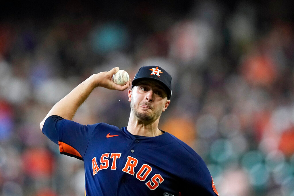 Houston Astros starting pitcher Jake Odorizzi throws against the Seattle Mariners, Sunday, July 31, 2022, in Houston. (AP Photo/David J. Phillip)