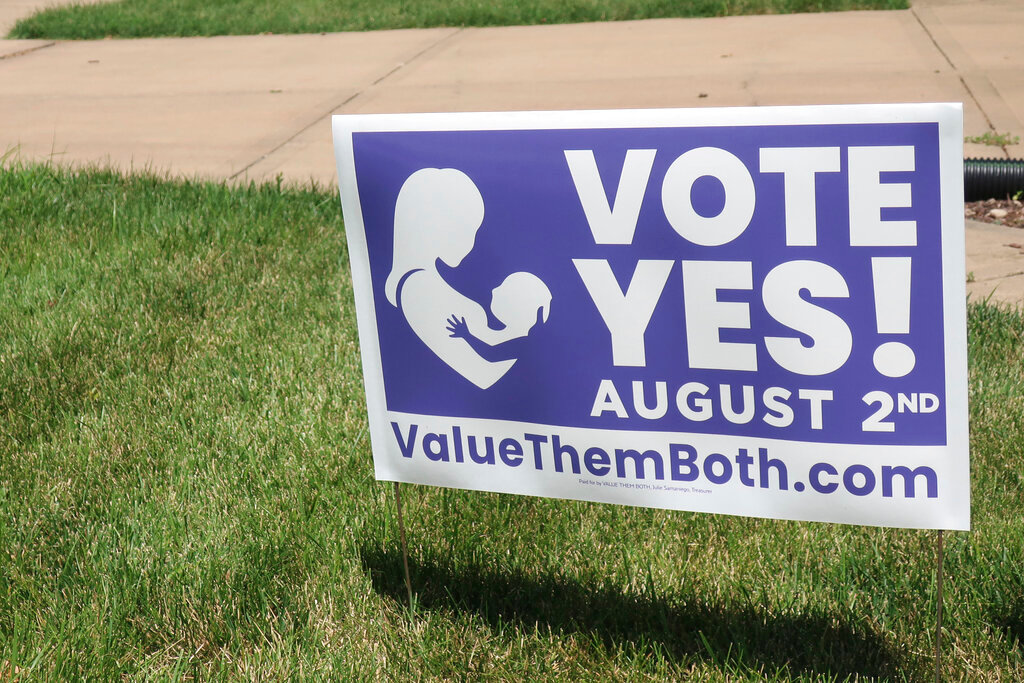 A sign in a yard in Olathe, Kansas, July 8, 2022, promotes a proposed amendment to the Kansas Constitution to protect both unborn children and the women carrying them. (AP Photo/John Hanna, File)