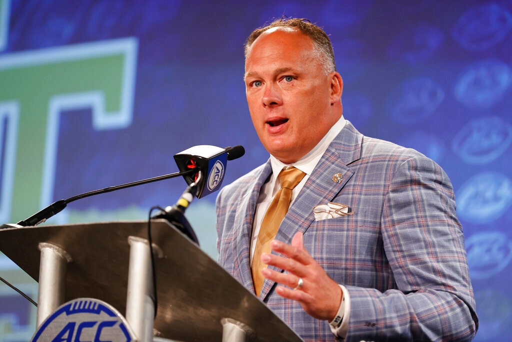 Georgia Tech head coach Geoff Collins answers a question at the NCAA college football Atlantic Coast Conference Media Days in Charlotte, N.C., July 21, 2022. (AP Photo/Nell Redmond)