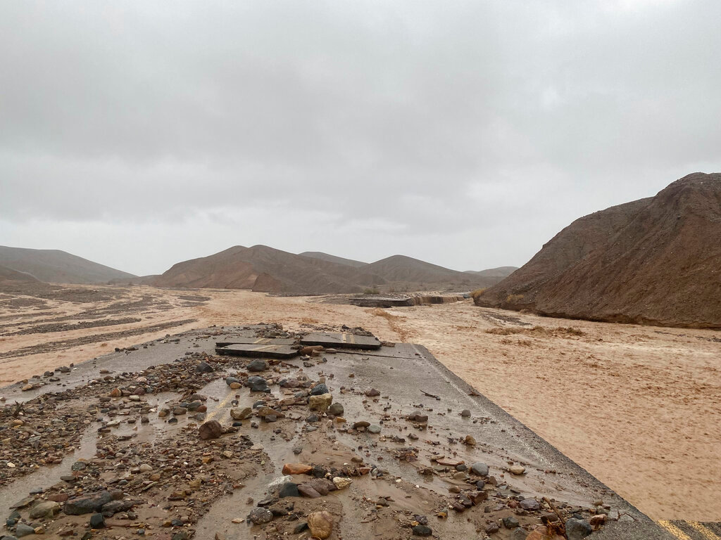 Mud Canyon Road is closed due to flash flooding in Death Valley, Calif., Friday, Aug. 5, 2022. (National Park Service/Death Valley National Park via AP)