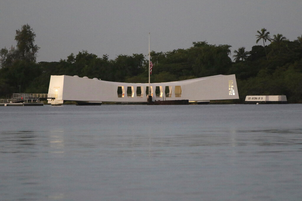 The USS Arizona Memorial is seen ahead of a ceremony marking the anniversary of the Japanese attack on Dec. 7, 2020, in Pearl Harbor, Hawaii. (AP Photo/Caleb Jones, Pool, File)
