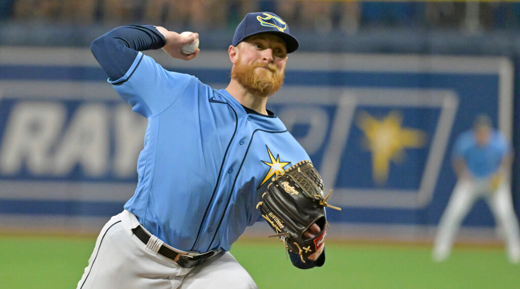 Tampa Bay Rays starter Drew Rasmussen pitches against the Baltimore Orioles during the first inning Sunday, Aug. 14, 2022, in St. Petersburg, Fla. (AP Photo/Steve Nesius)