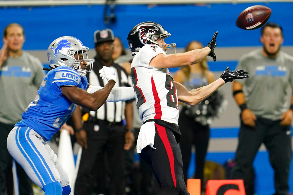 Atlanta Falcons wide receiver Jared Bernhardt catches a 21-yard pass for a touchdown in the second half of a preseason NFL game against the Detroit Lions, Friday, Aug. 12, 2022, in Detroit. (AP Photo/Paul Sancya, File)