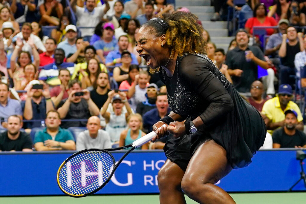Serena Williams reacts during a first-round match at the US Open tennis championships against Danka Kovinic, of Montenegro, Monday, Aug. 29, 2022, in New York. (AP Photo/John Minchillo)